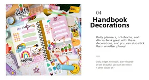 Detailed view of colorful cartoon stickers featuring cats and rainbows for DIY journals