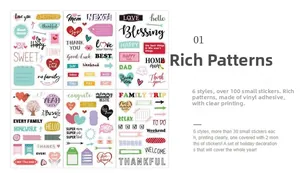 Detail of 6 vinyl sticker sheets with 100+ waterproof decorative themed patterns