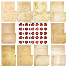 Detail of vintage kraft stationery set including floral paper, envelopes, and wax seal stickers