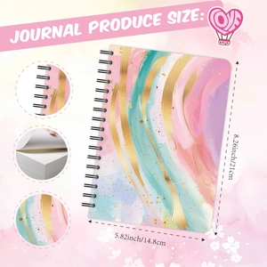 DIY A5 spiral journal for kids with watercolor cover and gold foil details, 8.26x5.82 inches