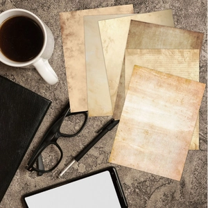 Set aus 48 Vintage A4 Scrapbooking-Papieren mit gealterten Texturen und Retro-Ästhetik