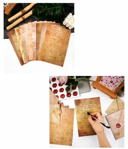 Detailweergave van een vintage briefpapierset met retro papier en zegelstickers