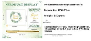 Wedding guest book set with gold foil album, table card, pen and stickers, dimensions shown