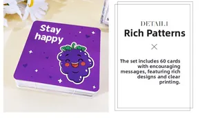 Detail showing 60 pieces of purple square lunchbox cards with cute cartoon fruit and text