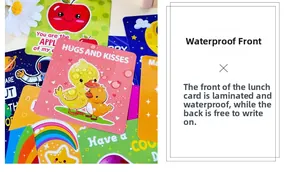 Laminated waterproof lunch box notes for kids with cute cartoons and writable back