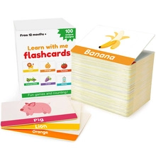 Detailed view of 100 educational flashcards featuring colorful animals and fruits