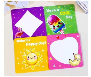 Detail of colorful cartoon lunch box notes with encouraging phrases and writing space