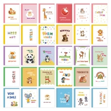 Grid display of 30 unique cartoon animal lunch box notes with English motivational text