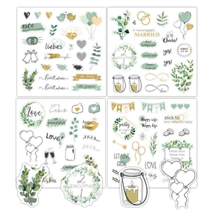 Set d'autocollants de mariage pour scrapbooking avec motifs de cœurs vert sauge et dorés
