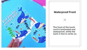 Detail of waterproof coated surface on ocean-themed lunch cards with cartoon fish