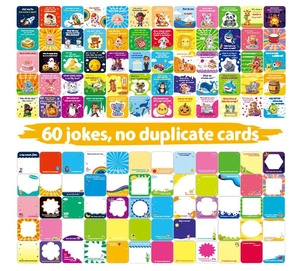 Detail view of 60 unique colorful cartoon lunch box cards with jokes and riddles for kids