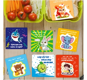 Cartoon lunchbox joke cards with animals and riddles shown next to a fresh healthy meal