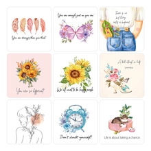 Detailed 3x3 grid showing nine square affirmation cards with watercolor floral illustrations