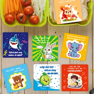 60-pack children's lunch box joke cards with colorful animal illustrations and riddles
