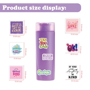 Detailed view of waterproof vinyl stickers on bottle showing precise size measurements