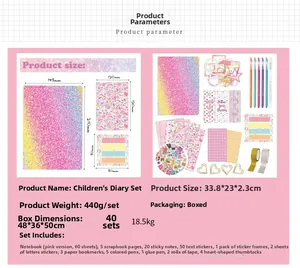 Detailed components of pink DIY diary set including notebook stickers and colored pens