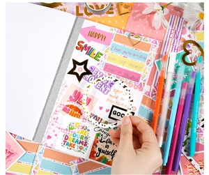 Macro view of DIY scrapbook kit featuring stickers, colorful pens and diary decorating scene
