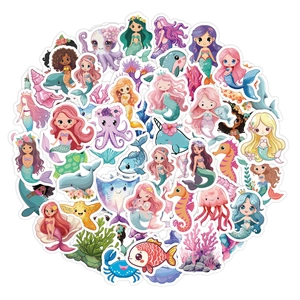 50-piece set of cartoon mermaid and sea creature waterproof stickers in Chibi style