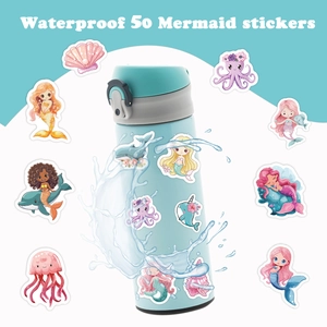 Set of 50 waterproof mermaid and sea creature stickers for water bottles and laptops