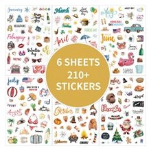Detailed set of 6 sheets featuring 210+ watercolor style holiday and month stickers