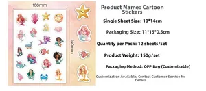 Detail showing 10x14cm mermaid sticker pack specifications and waterproof cartoon patterns