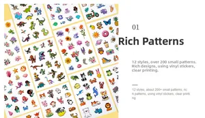 Detail of 200pcs waterproof vinyl stickers with various cartoon themes and patterns