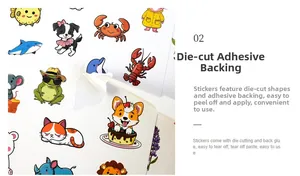Detail of die-cut waterproof cartoon animal stickers showing easy-to-peel back glue feature