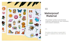 Detail view of waterproof PVC cartoon stickers showing water droplets on the surface