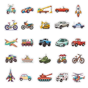 Set of 25 colorful cartoon vehicle stickers featuring planes and cars on white background