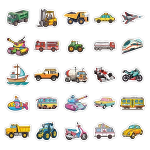 Set of 50 cartoon vehicle stickers featuring trucks and planes for kids luggage