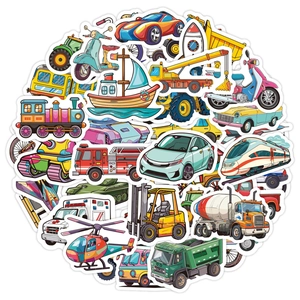 Detailed set of cartoon transport stickers featuring cars, planes, and ships for kids