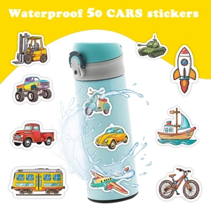 50-piece waterproof cartoon vehicle stickers featuring colorful cars, planes and trains