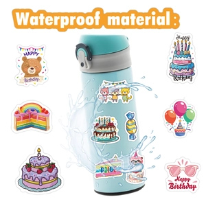 50pcs waterproof cartoon birthday stickers on blue tumbler with water splash effect