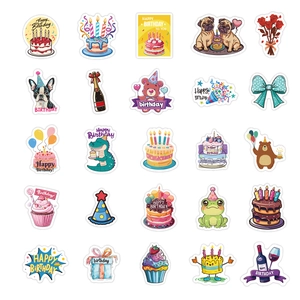 Set of 50 cartoon Happy Birthday stickers featuring colorful cakes and party animals