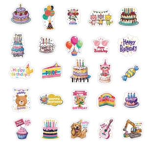 Set of 50 cartoon Happy Birthday stickers featuring colorful cakes and cute animals