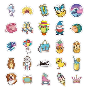 Detailed flat lay of 25 colorful waterproof VSCO stickers with animal and plant designs