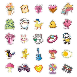 Close-up of 25 cute VSCO cartoon stickers including animals and food with white borders