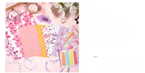 Detail of 11-piece DIY scrapbook sticker set featuring pink and purple letter decals