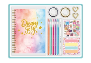 Flat lay detail of a DIY scrapbook stationery set with a Dream Big journal and colorful pens