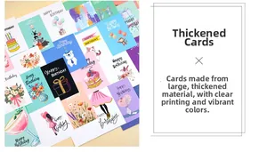 Detail view of premium Happy Birthday cards with various cartoon illustrations and gold foil