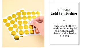Close-up of gold foil birthday stickers being peeled, showing high quality finish