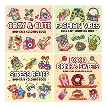Detail of four bold and easy coloring books featuring cozy, cute, and fashion themes