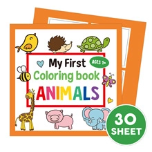 Detail view of the Animal Coloring Book cover with vibrant illustrations for ages 1 plus