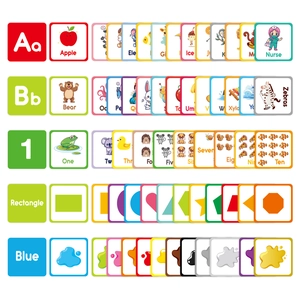 Juego de tarjetas educativas con alfabeto de dibujos animados, números y formas