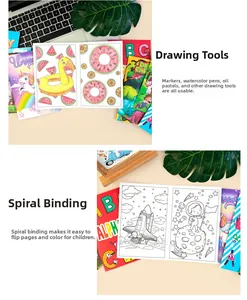 Detail van een kleurboek met zadelsteekbinding en diverse cartoon thema's voor kinderen