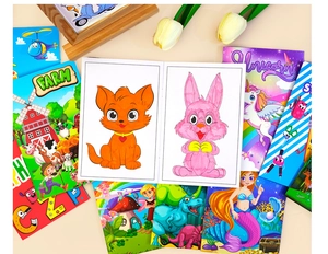 Vista detallada de varios temas de libros de colorear para niños como unicornio y dinosaurio
