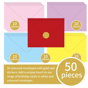 50-piece colorful birthday envelope set with gold stickers in five vibrant shades
