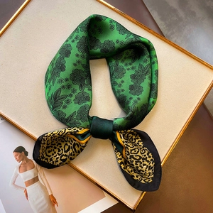 Leopard Floral Print Square Scarf Elegant Imitation Satin Polyester Neckerchief Fashion Hair Bandana For Women