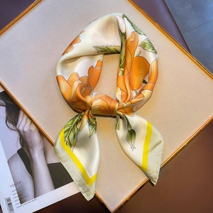 Elegant 70cm silk-like square scarf featuring orange tulip prints and yellow borders