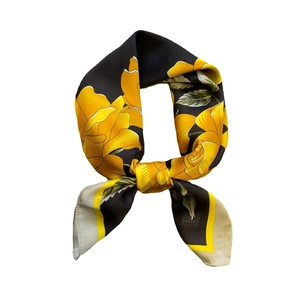 Elegant 70cm silk-like square scarf with yellow rose floral pattern on black background